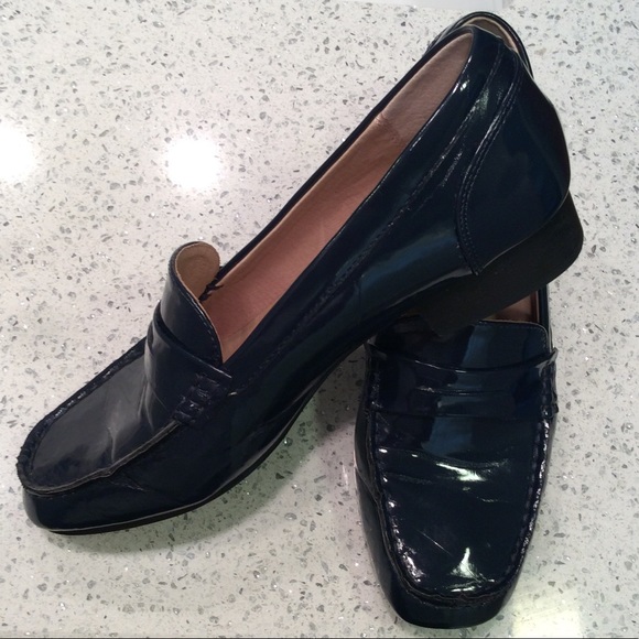navy patent loafers